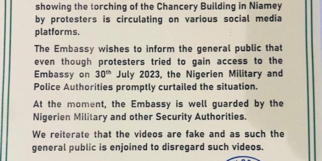 Nigerian embassy in Niger Republic denies reports claiming its facility has been burnt down
