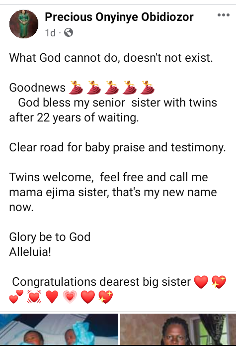 Nigerian woman celebrates as her sister gives birth to twins after 22 years of waiting