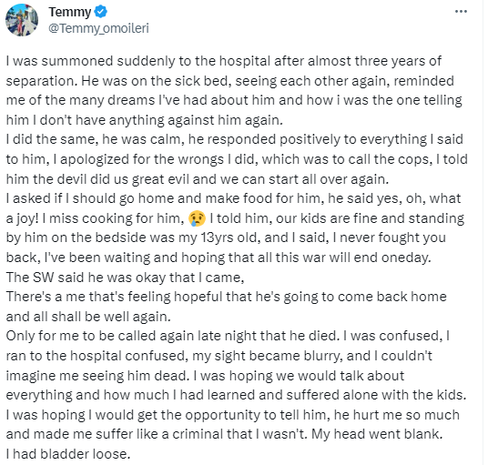 Nigerian woman mourns her estranged husband who she reconciled with on his sick bed the same day he d!ed