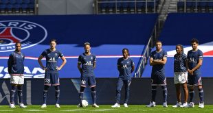 PSG stars Marie Antoinette Katoto, Julian Draxler, Neymar Jr, Formiga, Kylian Mbappe, Kadidiatou diani and Marquinhos look on as the Paris Saint-Germain unveils the new Jordan kit on May 17, 2021 in Paris, France.