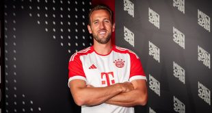 Harry Kane of FC Bayern Muenchen during the unveiling of his signing on August 11, 2023 in Munich, Germany.