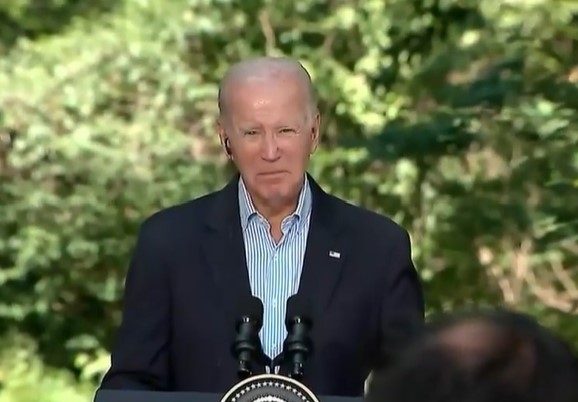 President Joe Biden speaks at a joint press conference at Camp David.