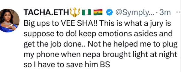Tacha praises Vee for putting emotions aside as a jury on the BBNaija All Stars show