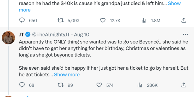 Twitter user narrates how a 24-year-old man spent $40k he inherited from his grandfather on Beyonce?s tickets for him and his girlfriend