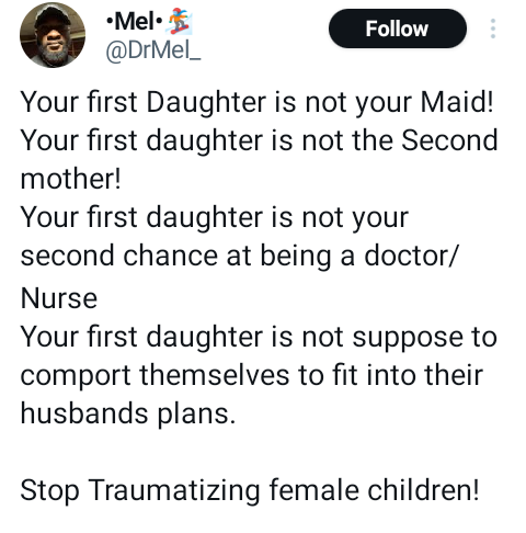 Your first daughter is not your maid - Nigerian doctor tells parents to stop