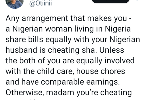A Nigerian woman who shares bills equally with her husband is cheating herself - Lady says