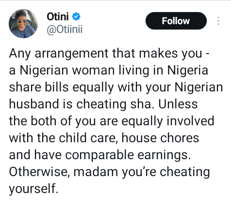 A Nigerian woman who shares bills equally with her husband is cheating herself - Lady says