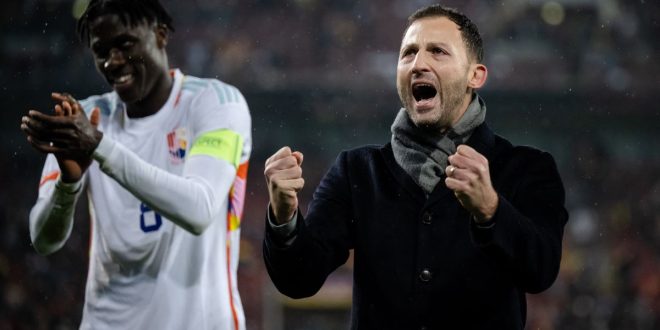 Belgium manager Domenico Tedesco celebrates victory after an international friendly match between Germany and Belgium at RheinEnergieStadion on March 28, 2023 in Cologne, Germany.