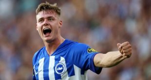 Evan Ferguson celebrates one of his three goals for Brighton against Newcastle in the Premier League in September 2023.