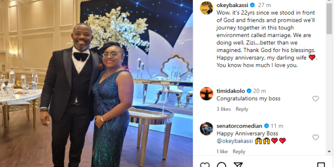 Comedian Okey Bakassi and wife celebrate 22nd wedding anniversary