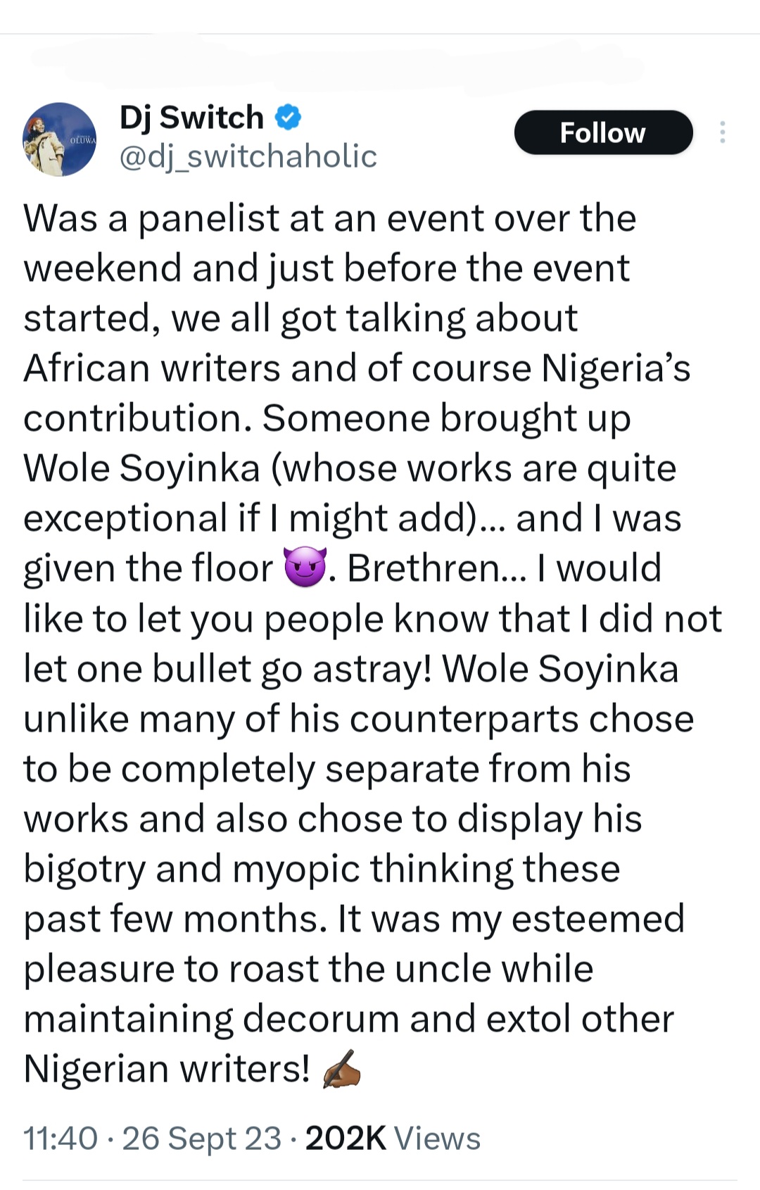 DJ Switch boasts about "roasting" Wole Soyinka during a panel discussion