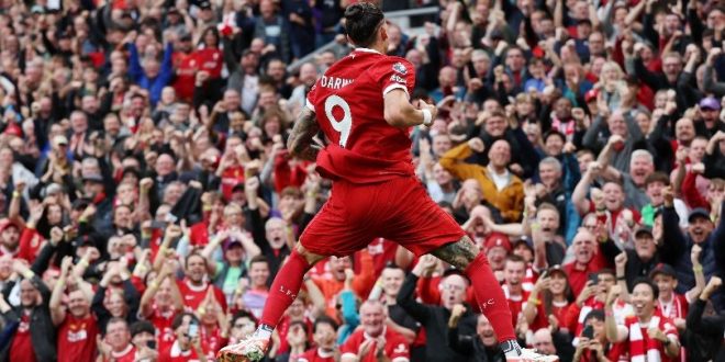 Darwin Nunez celebrates after scoring for Liverpool against West Ham in September 2023.
