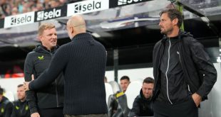 Pep Guardiola, Manager of Manchester City, speaks to Eddie Howe, Manager of Newcastle United, prior to the Carabao Cup Third Round match between Newcastle United and Manchester Cityat St James