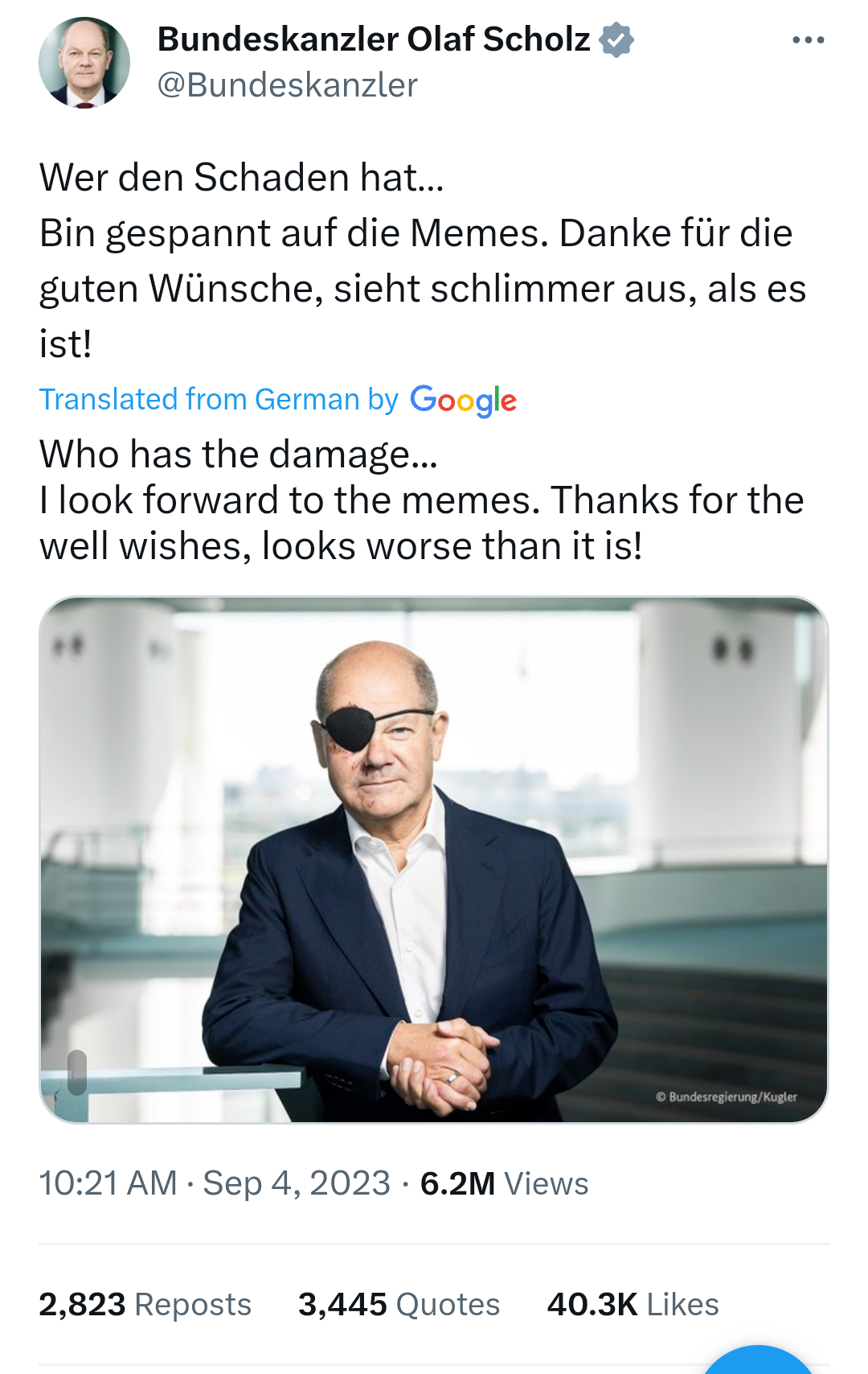 'Excited to see the memes' - German chancellor Olaf Scholz jokes after posting eye patch photo following injury he sustained while jogging