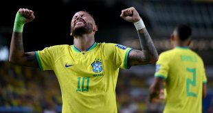 Neymar celebrates his first goal for Brazil against Bolivia in September 2023, which saw him overtake Pele to become the nation