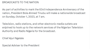 Independence day: President Tinubu to address Nigerians by 7am on Independence day Oct 1