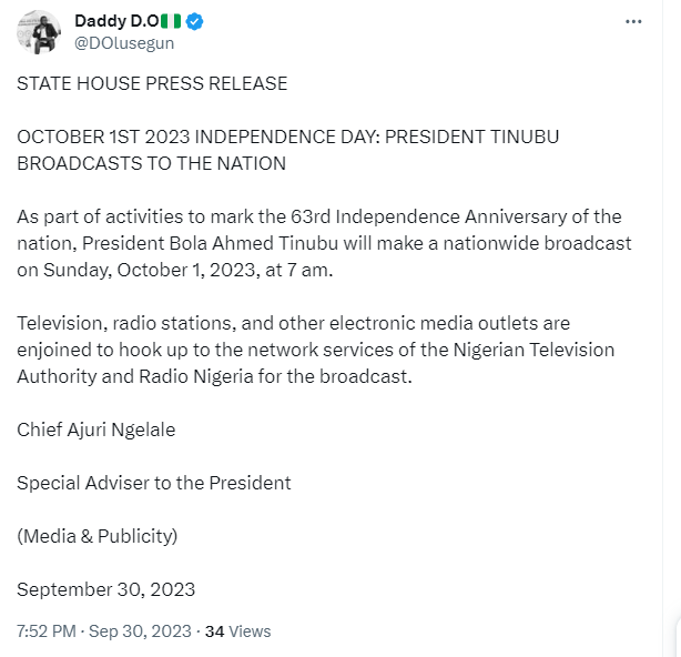 Independence day: President Tinubu to address Nigerians by 7am on Independence day Oct 1
