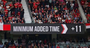 A view of an LED board displaying 11 minutes of added time during the Premier League match between Manchester United and Nottingham Forest at Old Trafford on August 26, 2023 in Manchester, England. (Photo by Stu Forster/Getty Images)