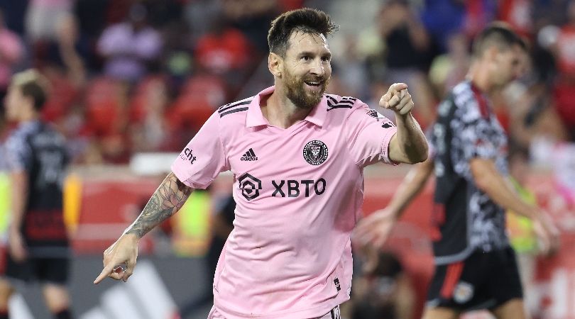 Lionel Messi celebrates after scoring for Inter Miami against New York Red Bulls in MLS in August 2023.