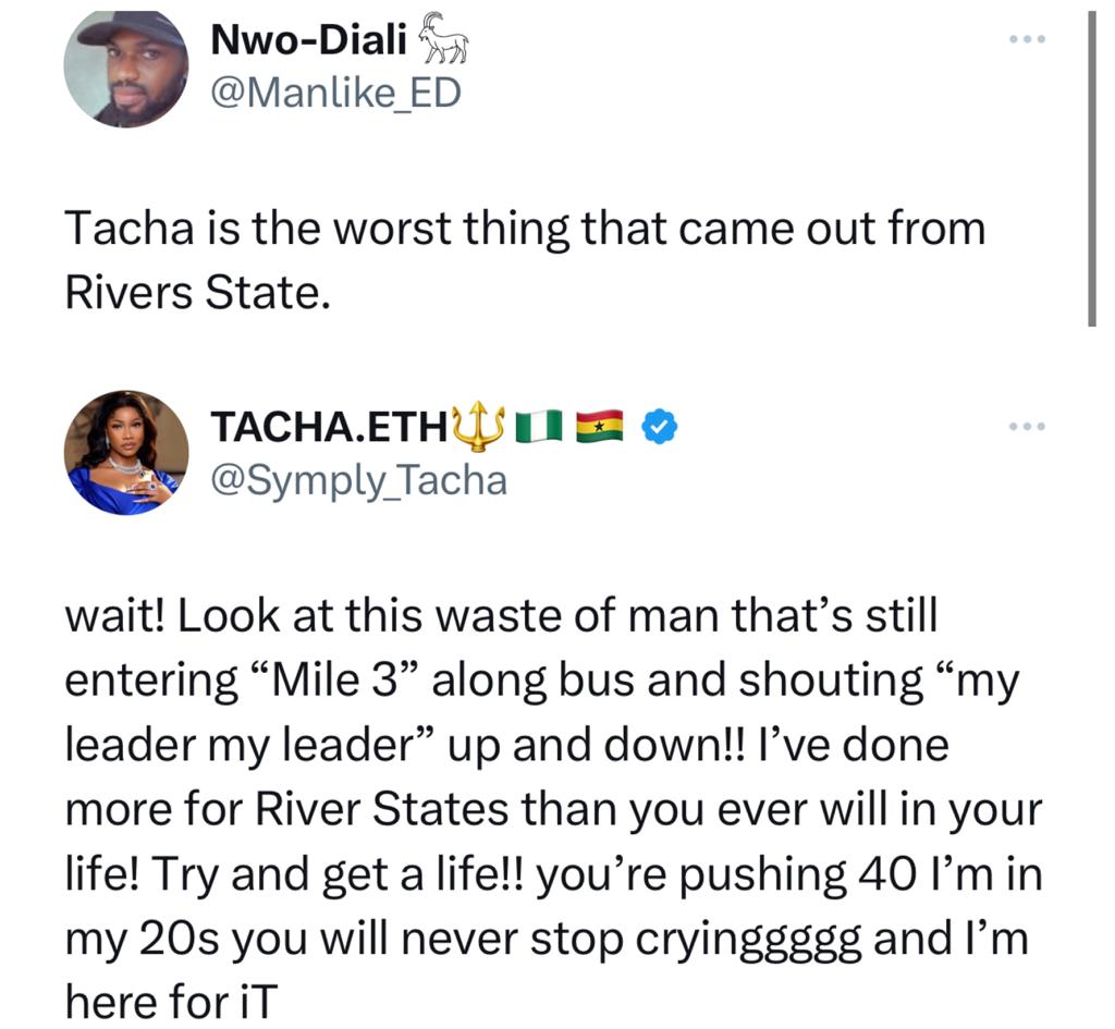 Reality TV star, Tacha, claps back at man who said she is the worst thing to come out of Rivers state