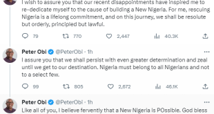 ''The forces we are up against are entrenched and formidable but not insurmountable'' - Peter Obi writes as he appeals to his followers to remain calm days after PEPC dismissed his petition
