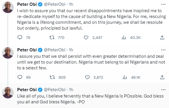 ''The forces we are up against are entrenched and formidable but not insurmountable'' - Peter Obi writes as he appeals to his followers to remain calm days after PEPC dismissed his petition