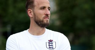 England captain Harry Kane poses for a photo wearing a unique warm-up shirt ahead of the 150th Anniversary Heritage Match against Scotland at Hampden Park, at McCrea West of Scotland Cricket Club on September 10, 2023 in Milngavie, Scotland.