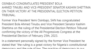 The ruling is a great victory for Nigeria?s constitutional democracy - Osinbajo congratulates President Tinubu on his victory at the tribunal