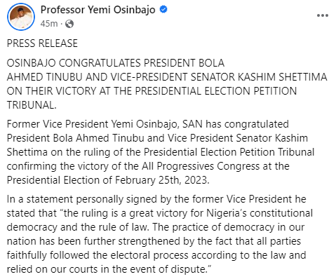 The ruling is a great victory for Nigeria?s constitutional democracy - Osinbajo congratulates President Tinubu on his victory at the tribunal