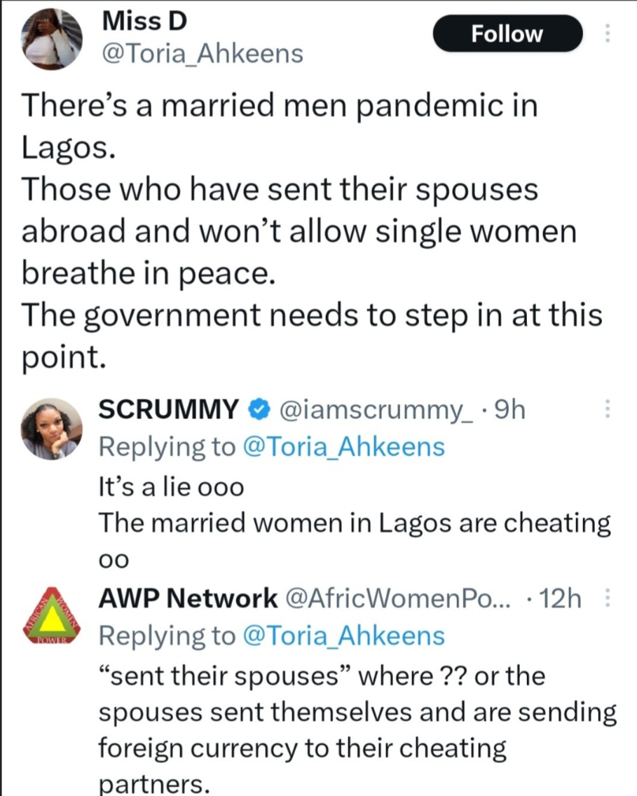 "There is a married man pandemic in Lagos" Twitter user starts conversation about the activities of married men who have sent their wives abroad
