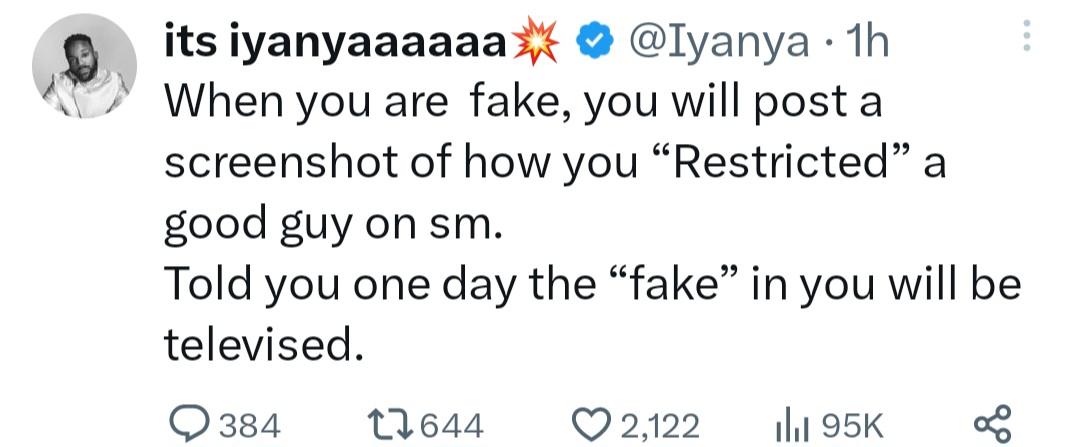 "Told you one day the fake in you will be televised" Iyanya slams Oxlade