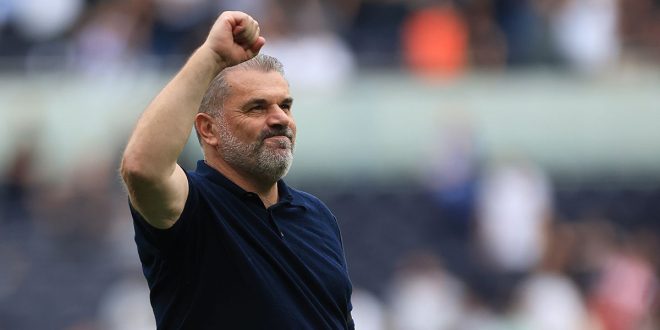 Tottenham Hotspur manager Ange Postecoglou celebrates following their sides victory after the Premier League match between Tottenham Hotspur and Sheffield United at Tottenham Hotspur Stadium on September 16, 2023 in London, England.