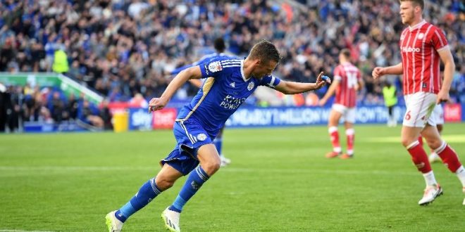 Jamie Vardy sets off in celebration after scoring a penalty for Leicester City against Bristol City in the Championship in September 2023.