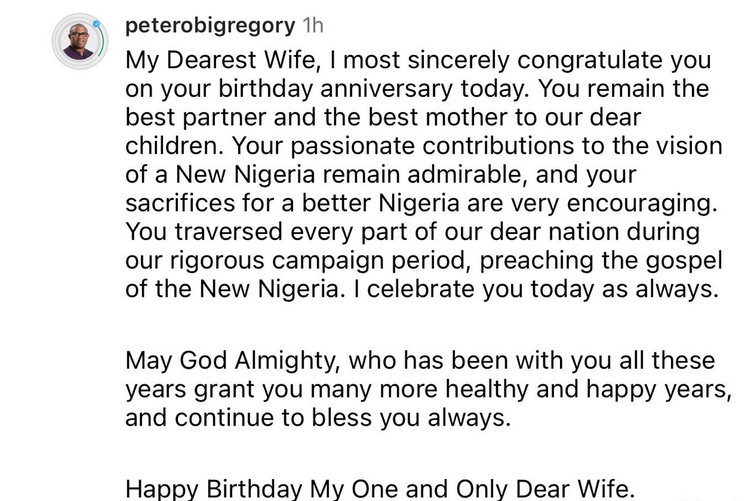 ''You remain the best partner'' - Peter Obi celebrates his wife as she turns a year older