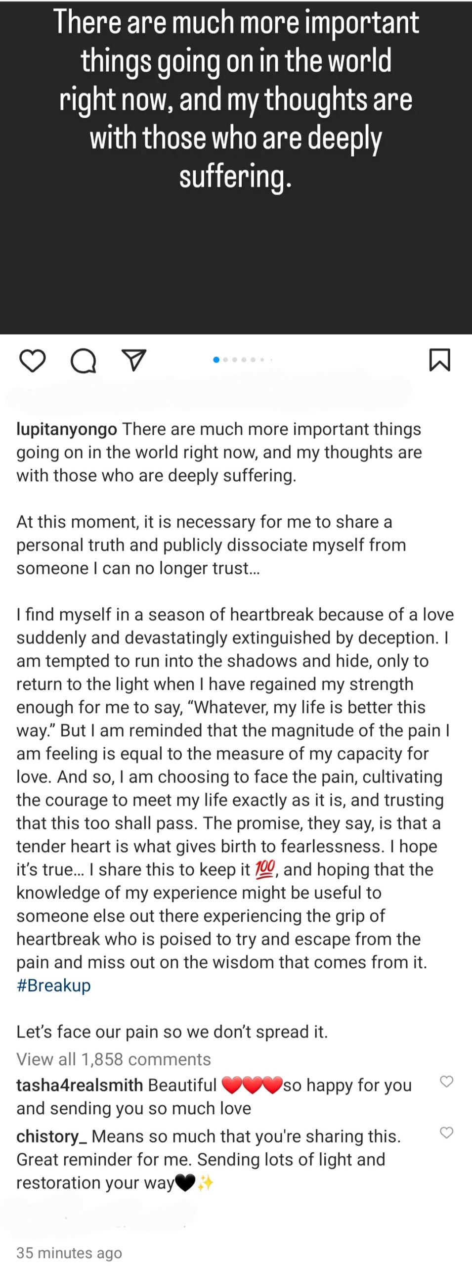 "A love suddenly extinguished by deception" Lupita Nyongo announces split from boyfriend months after going public with their relationship
