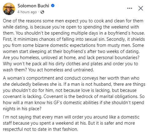 Are you homeless, unloved at home, and lack personal boundaries?- Solomon Buchi berates women who make it a duty to spend time in their boyfriends house cooking and washing his clothes