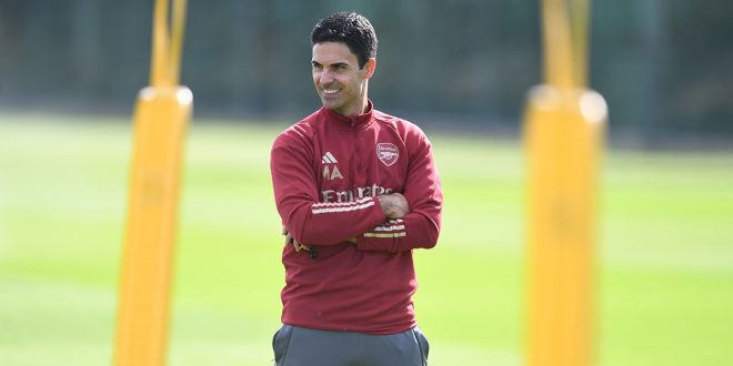 Arsenal manager Mikel Arteta during a training session at London Colney on September 29, 2023 in St Albans, England.