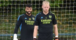 David Raya and Aaron Ramsdale in training for Arsenal.