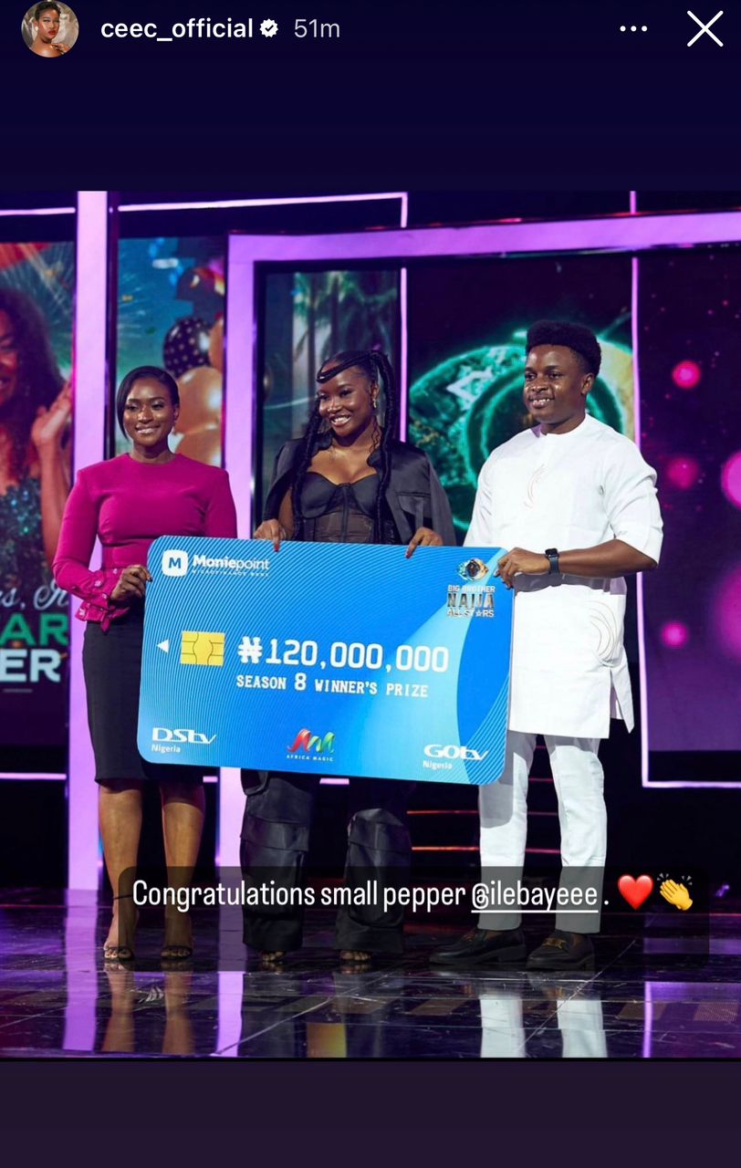 BBNaija All Stars: ?Small pepper?- Ceec congratulates Ilebaye as she receives her N120m prize