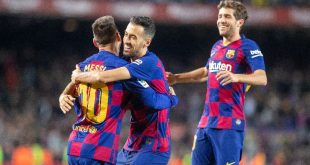 Lionel Messi, Sergio Busquets and Sergi Roberto celebrate a Barcelona goal against Celta Vigo in 2019.