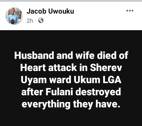 Benue couple allegedly die of heart attack a week apart after suspected herders destroyed all their belongings
