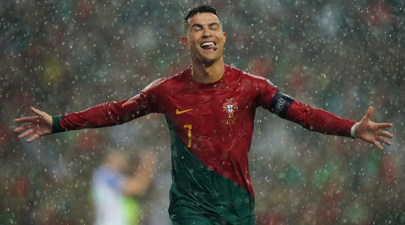 Cristiano Ronaldo celebrates after scoring for Portugal against Slovakia in October 2023.