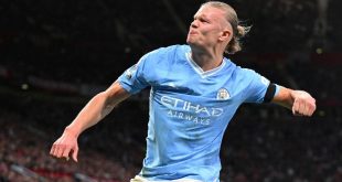 Manchester City striker Erling Haaland celebrates after scoring a penalty against Manchester United at Old Trafford.