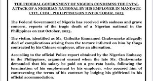 FG releases statement on Nigerian allegedly murdered by group of Chinese people in Philippines