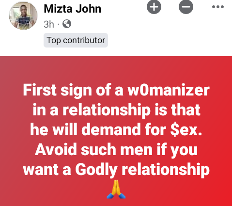 First sign of a womanizer in a relationship is that he will demand for s*ex. Avoid such men  - Nigerian man advises ladies