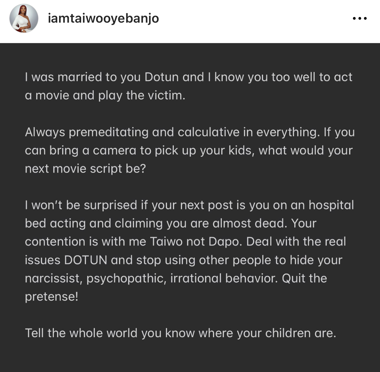 For 8 years I tolerated your s�xual, emotional and psychological abuse- OAP Dotun?s estranged wife, Taiwo Oyebanjo finally breaks her silence