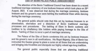 Groom apologises after Oba Of Benin slammed him and his groomsmen for dancing with a traditional scepter meant for chiefs only