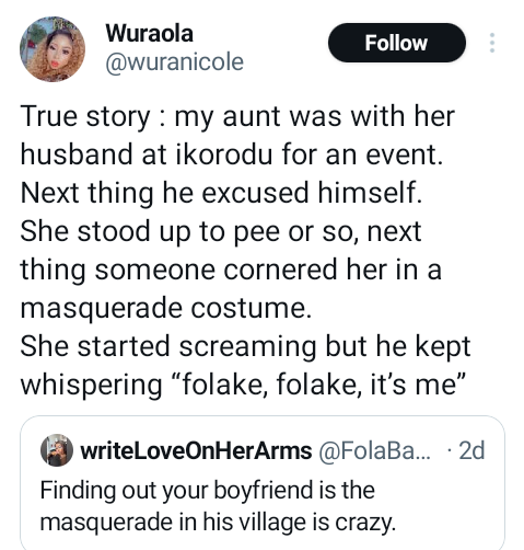 How Nigerian woman found out her husband was a masquerade at an event