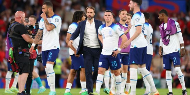England Manager Gareth Southgate celebrates after the UEFA EURO 2024 qualifying round group C match between England and North Macedonia at Old Trafford on June 19, 2023 in Manchester, England. (Photo by Marc Atkins/Getty Images)