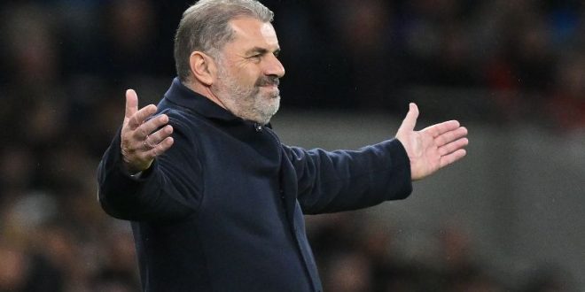 Tottenham manager Ange Postecoglou gestures during the Premier League match against Fulham in October 2023.